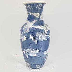 Chinese 11.5" Hand Painted Blue Koi Carp Fish Vase